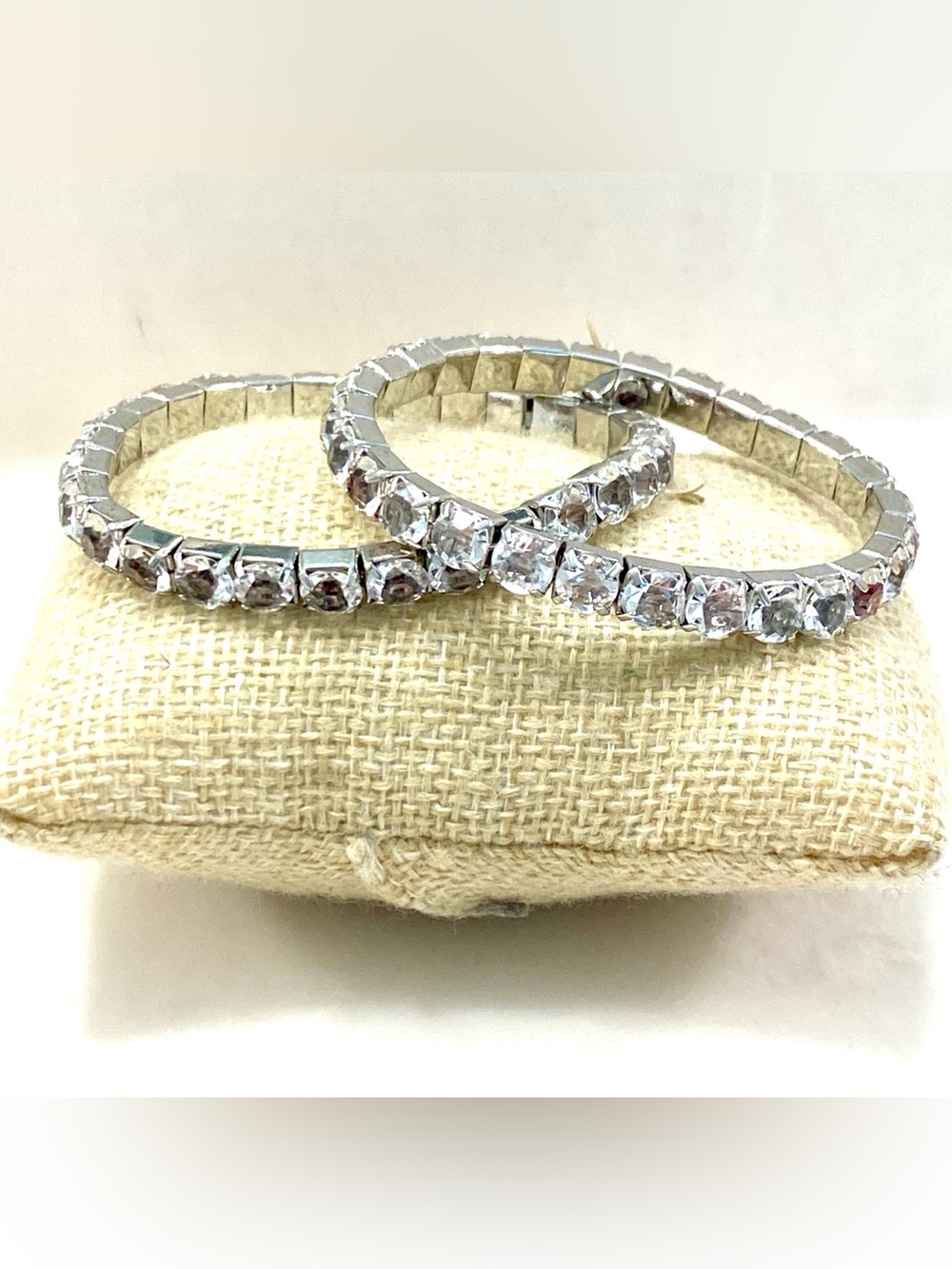 Set of 2 Vintage Silver Tone Clear Crystal Rhinestone Tennis Stretch Bracelets